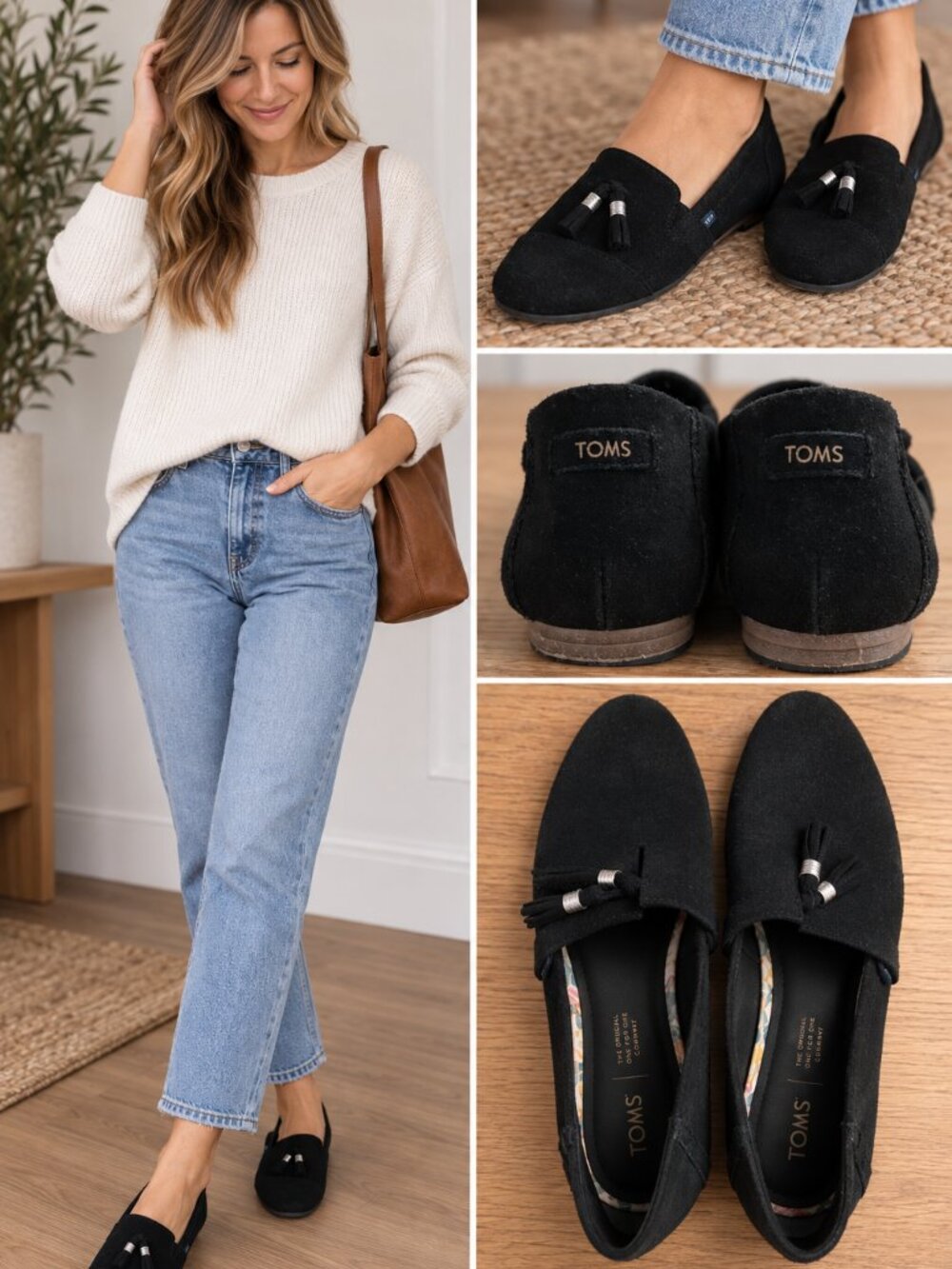 TOMS Black Genuine Suede Leather Flats | Classic Slip-On Shoes